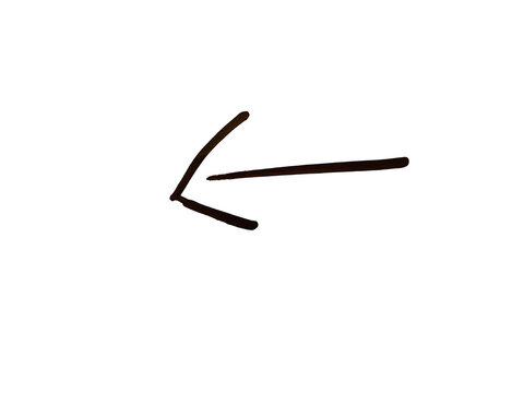 A hand-drawn arrow pointing towards the left, rendered in a dark brown marker texture on a solid white background, for easy editing, and usage isolated on a transparent background