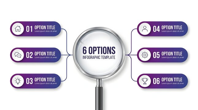 Six options infographic template with a central circle and curved connectors branching to six panels. Branching 6 options diagram or chart. Vector template