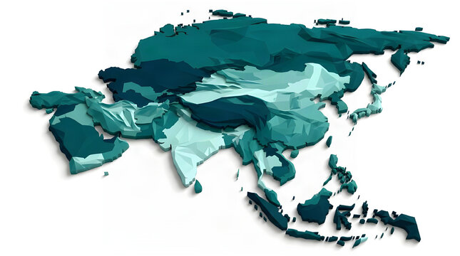 Detailed three dimensional topological relief map of Asia featuring various shades of teal and cyan low poly geometric facets casting subtle soft shadows onto a clean plain white background creating a
