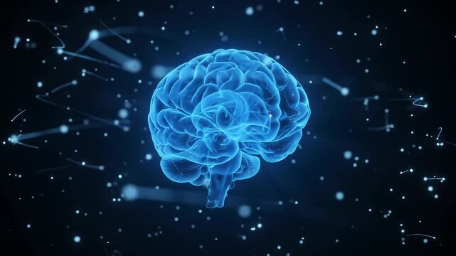 Blue digital brain with glowing neural connections, representing artificial intelligence, consciousness, neuroscience, technology, and thought