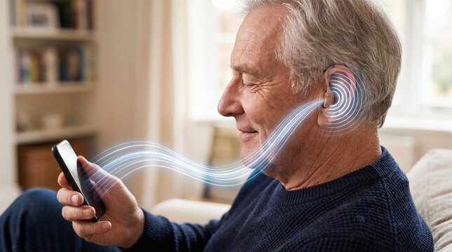Senior man with hearing aid receiving wireless audio stream from smartphone. Sound waves flowing to ear. Modern hearing technology, assistive listening device and audiology concept for elderly care.