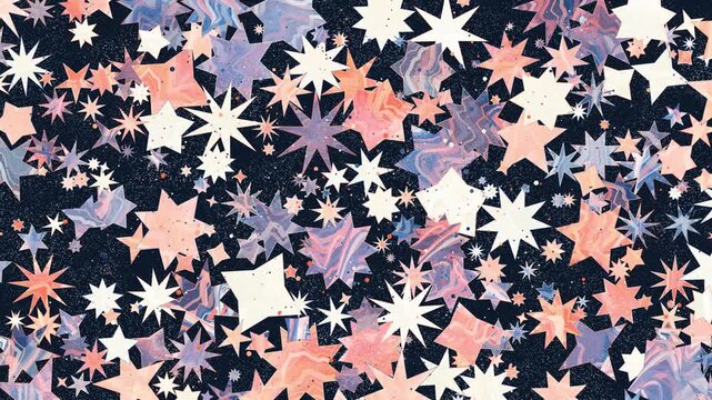 Pastel marble stars scatter across a starlit black void in an ethereal 3D animation with swirling rose and lilac patterns, radiating serene wonder for music titles