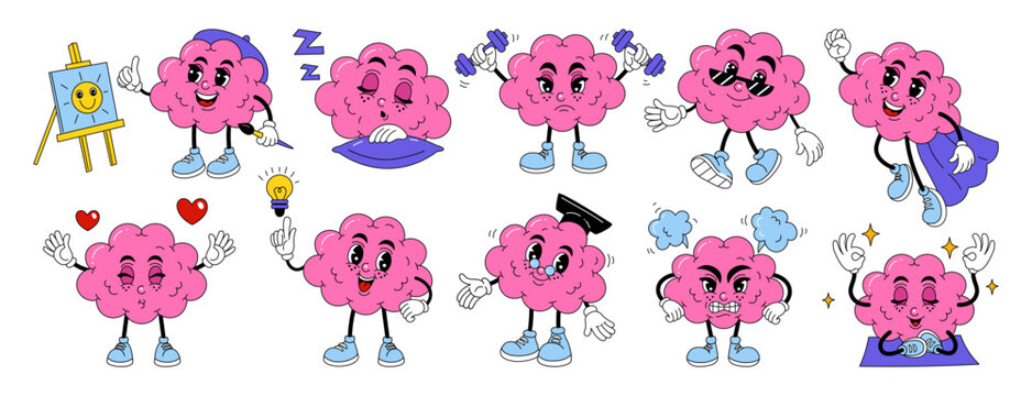 Cartoon brain. Character thinks, cute mascot explores succeed. Develops with ideas, mind strive. Creative genius knowledge. Smart intelligence. Funny pink person with emotion. Vector tidy isolated set