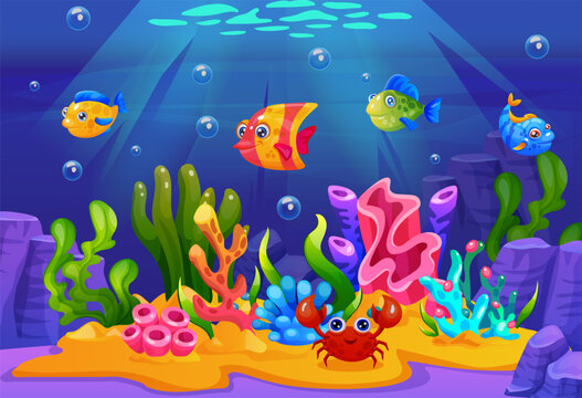 Underwater background. Cartoon fish on coral reef. Marine plant. Landscape seaweed and algae. Tropical aquatic sea scene. Colorful ocean creature, ecosystem scenery. Vector tidy aquarium background