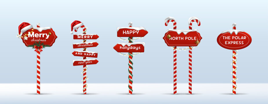 Christmas sign. Xmas pointer. Realistic candy cane pole. Snowflake, garland decoration. Bow, hat on direction. Festive street holiday signpost with light, snow cap. Vector render isolated illustration
