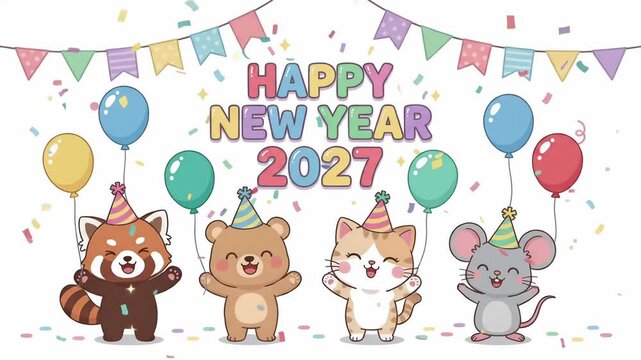 Cartoon animal party celebration loop animation, new year motion graphic background
