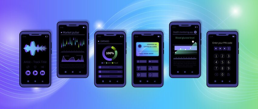 Data analytics screen. Mobile phone infographic. Statistics chart, graph finance. Dashboard interface. Analysis UI. Digital app device. Smartphone displays with music player, payment. Vector report