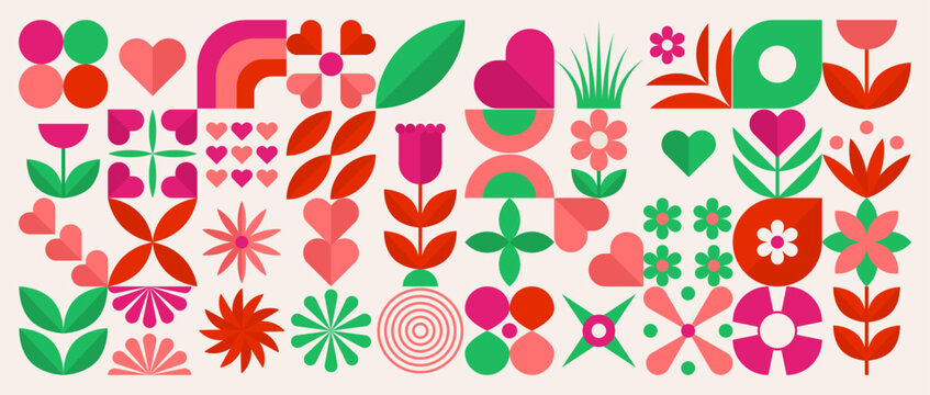 Mothers day. Abstract floral collection with geometric hearts, stylized flowers, leaves and decorative plant shapes. Spring greeting cards, festive prints and holiday patterns. Vector illustration