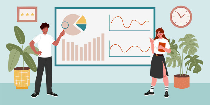 Training business. Young professionals presenting financial statistics and performance charts. Colleagues discuss analytical reports, research findings and project growth. Vector cartoon illustration