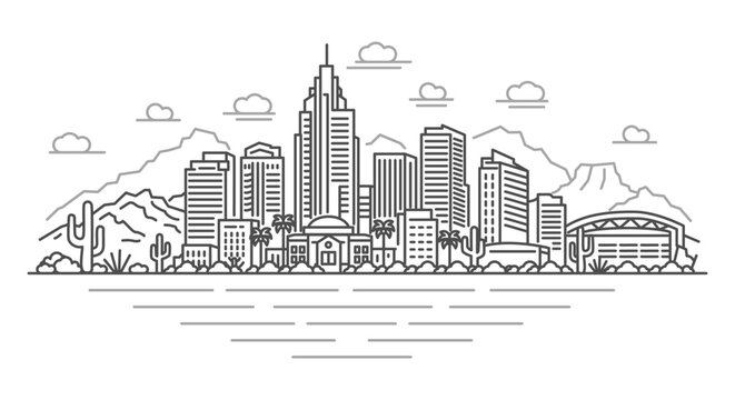 Phoenix, Arizona USA architecture line skyline illustration. Linear vector cityscape with famous landmarks, city sights, design icons. Editable stroke.