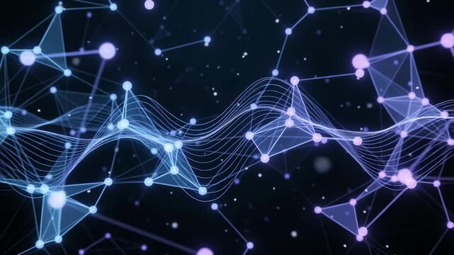 Blue glowing nodes and connecting lines forming geometric networks, representing technology, data, connection, digital communication, and science