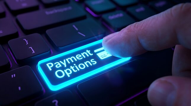 Finger pressing a glowing blue payment options button on a dark computer keyboard for online shopping and commerce