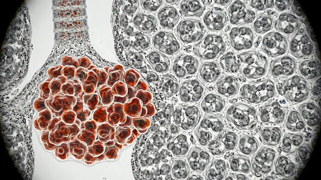 Lung alveoli arranged in a fine honeycomb-like network beside a cluster of malignant cells. The cancerous cells display enlarged irregular nuclei with subtle red-orange fluorescence