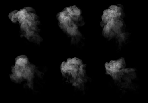 Collection of six realistic white steam or smoke bursts with fine dust particles isolated on a black background. Concept of abstract vapor texture and dynamic special effect overlay.