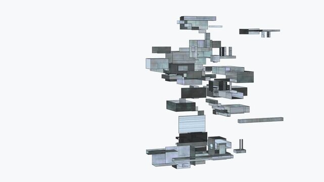 Floating architectural blocks and modular glass panels drift across an empty white void in a minimal 3D render, evoking calm structural harmony for technology intros