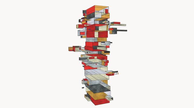Architectural modular blocks assemble vertically in a clean 3D animation with red and concrete textures, symbolizing structural transformation for urban planning intros
