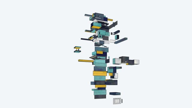 Geometric architecture volumes hover and align in a minimal 3D animation with blue and yellow accents, symbolizing creative vision for modern construction branding
