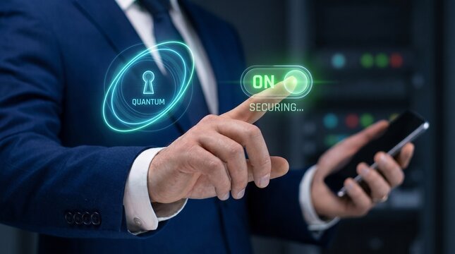 quantum encryption security system and post-quantum cryptography protection. corporate specialist enabling cyber defense switch on holographic interface in data center.

