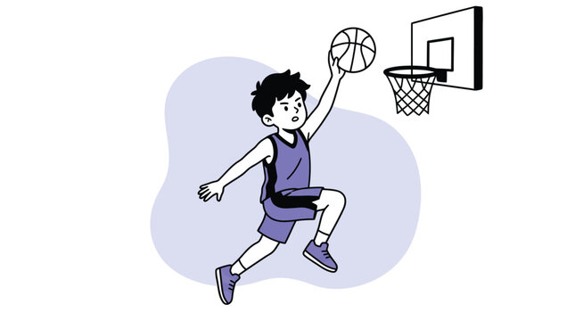Young boy playing basketball doing a layup shot at the hoop
