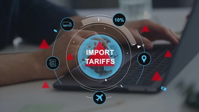 Businessman working on laptop computer, import tariffs concept, global trade duty, tax rate graphic overlay, international commerce, logistics, market regulation, 4k footage