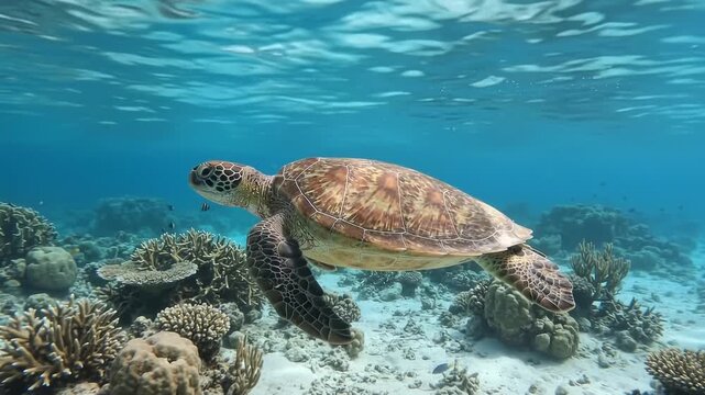 Green turtle swimming over coral reef in clear blue ocean water, representing marine life, wildlife, ocean conservation, nature, and peaceful underwater ecosystem
