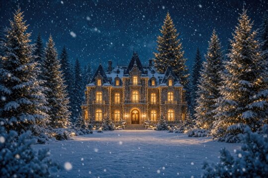 Illuminated castle style mansion among snowy pine trees on winter night