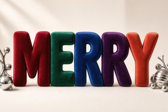 Merry word in red, green, blue and orange velvet letters with silver ornaments