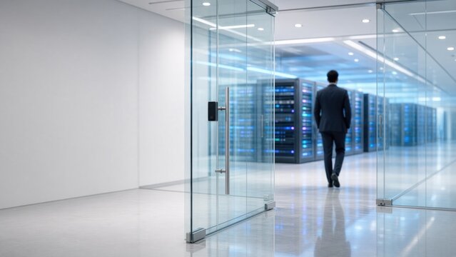 IT specialist walking into glass server room through sliding doors