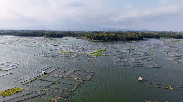 Aerial top down drone view capturing the neat geometric grid alignment and abstract pattern of a floating fish cage aquaculture farm at Karangkates.