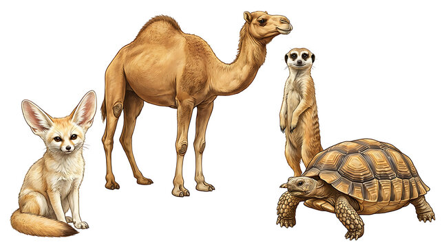Desert animals including a camel fennec fox meerkat and tortoise illustration