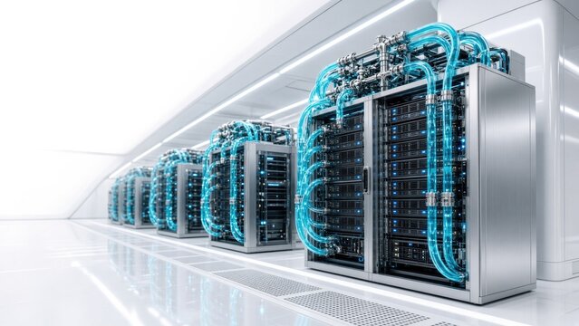 Liquid cooled server racks with blue coolant pipes in white room