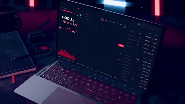 Opening laptop lid, laptop powering up trading dashboard monitoring stocks, coffee mug, smartphone