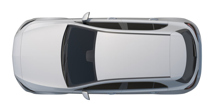 Top-down render of a streamlined silver car isolated against a clean white background