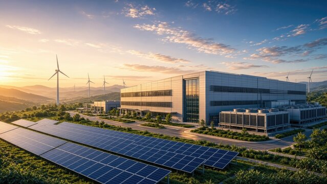Modern data center with solar field and wind turbines at sunset