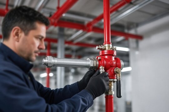 Technician inspecting red fire suppression valve on pipe system
