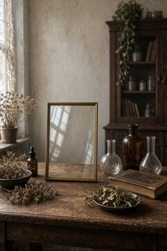 Rustic setting features empty frame surrounded by vintage decor and botanicals