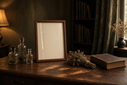 Empty frame rests on a wooden desk, surrounded by vintage decor and warm lighting