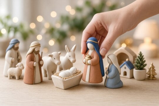 Delicate hand arranging nativity scene figurines with soft lighting ambiance
