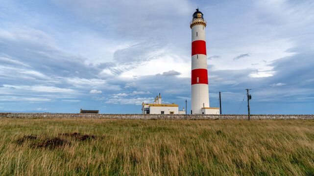 Tarbat Ness Lighthouse, built by Robert Stevenson, situated near the village of Portmahamock, Highland, Scotland, Uk.