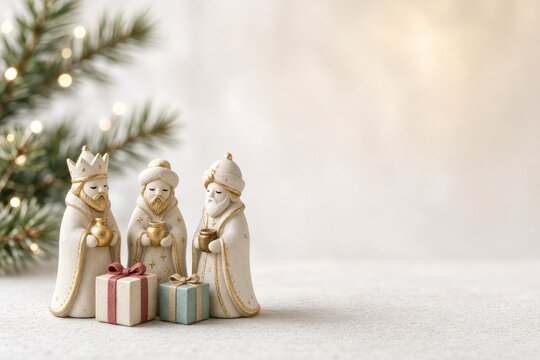 Three elegant figurines depicting magi with gifts, surrounded by festive decor