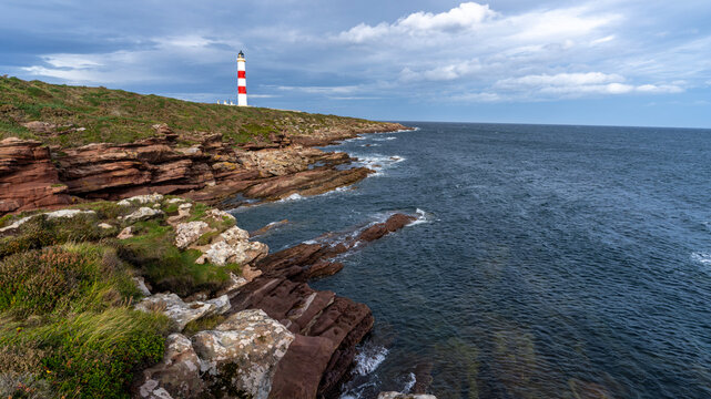 Tarbat Ness Lighthouse, built by Robert Stevenson, situated near the village of Portmahamock, Highland, Scotland, Uk.