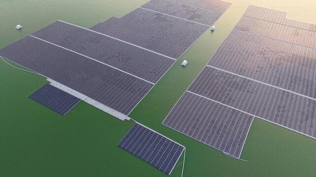 Aerial drone capture of expansive floating solar panel arrays over calm green reservoir