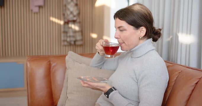 Adult woman lifting glass cup and saucer, sipping red tea, relaxing on sofa wearing grey turtleneck