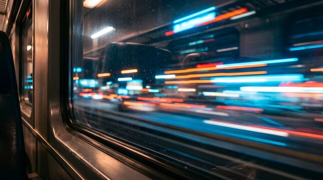 Cinematic view from a moving train window at night with colorful motion blur of city lights and neon trails