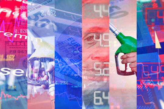 Fuel prices concept with pump nozzles, euro and dollar banknotes, digital displays and trading charts. Energy market volatility, inflation and transport costs for economic news and financial reports.