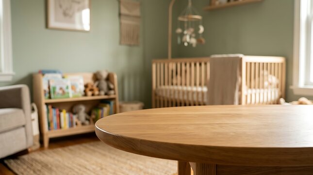 Modern baby nursery room with wooden crib and bookshelf in a cozy home interior with soft natural warm sunlight