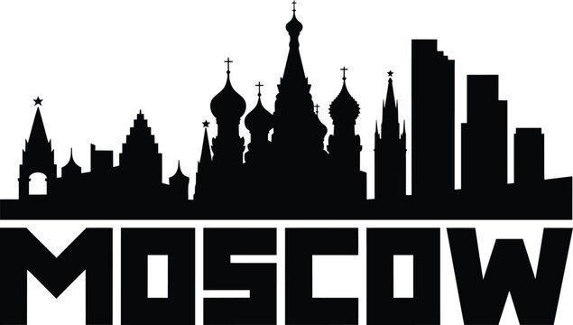 Moscow city skyline silhouette with Saint Basil Cathedral and Kremlin towers in black ink on white