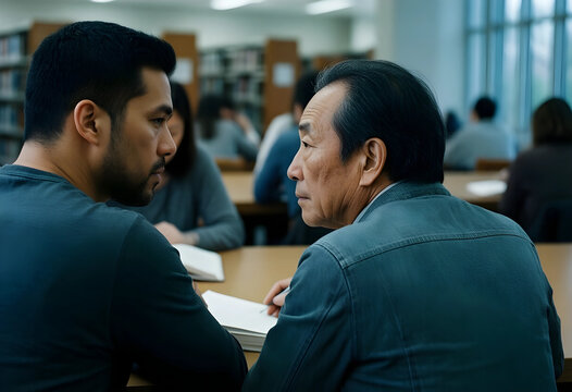 Mentorship and intergenerational learning, young man and senior man studying together in a library with focus on education and knowledge transfer