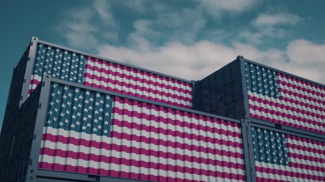 American Flag Shipping Containers Stacked High for Global Trade Concept