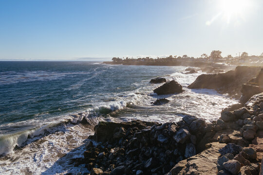 Waves breaking on the rocky coast along West Cliff Drive in Santa Cruz California